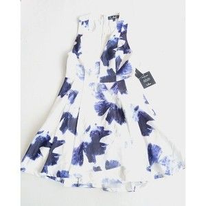 Womens Lulus Seeing Chic Blue and Ivory Print Skater Dress S